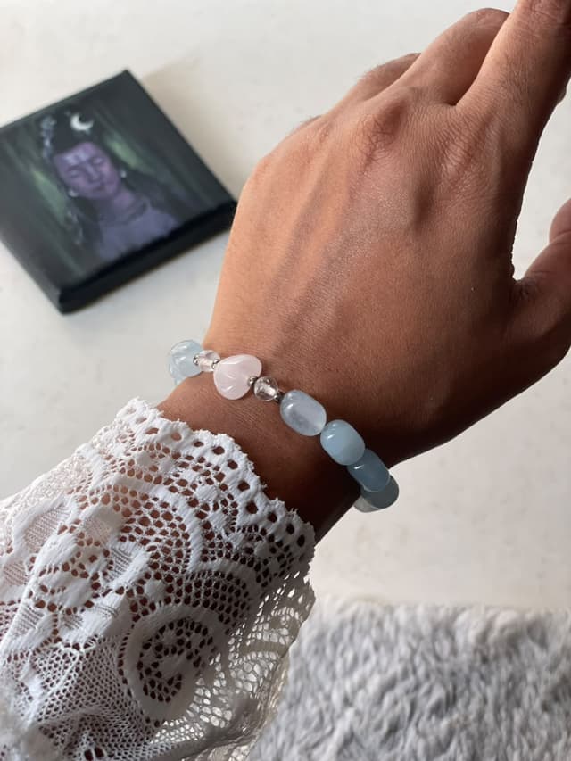Aquamarine Tumble ~ Clear Quartz ~ Rose Quartz Heart - Healing Gemstone Bracelet