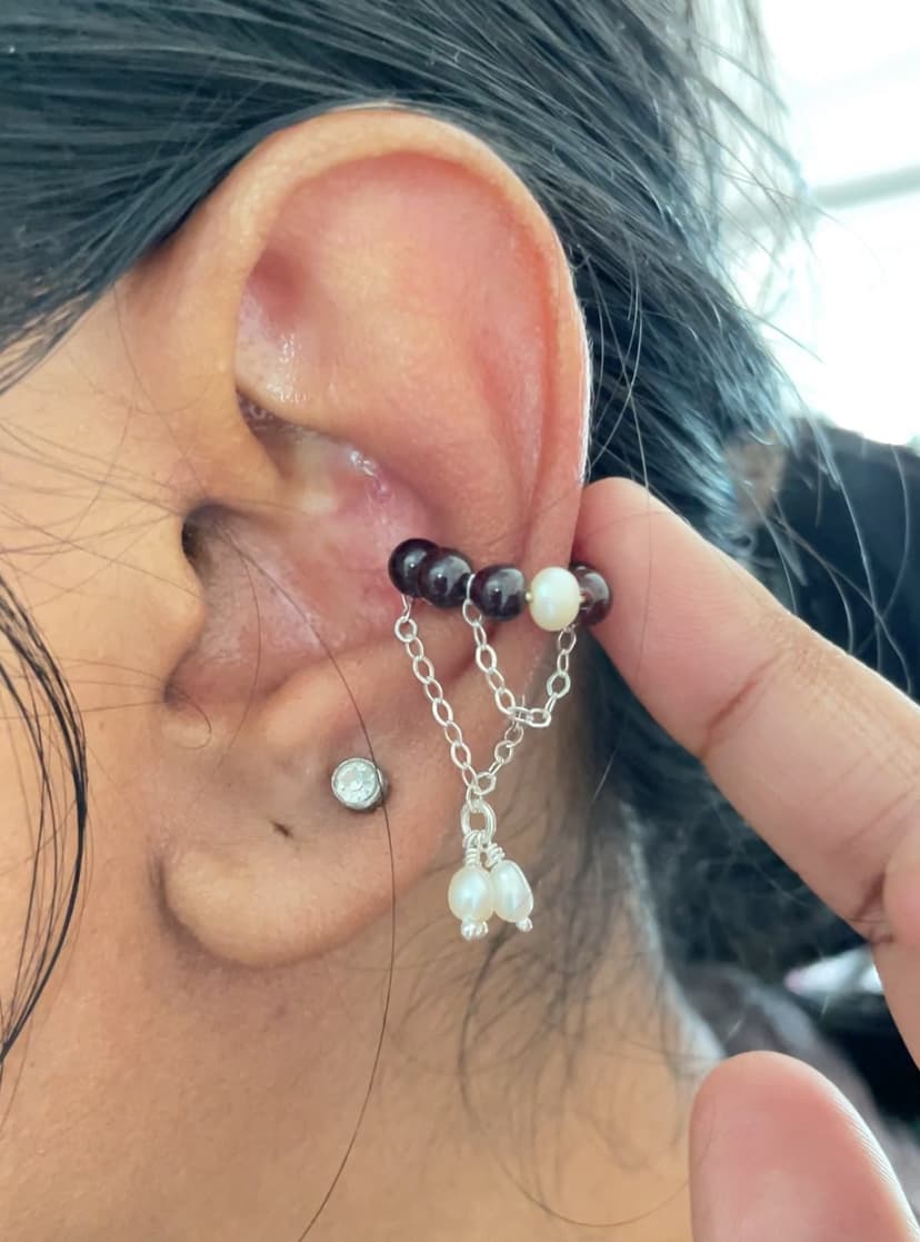 Garnet ~ Fresh water Pearl ~ Dangling No Piercing Ear Cuff Silver 925 ( Single)