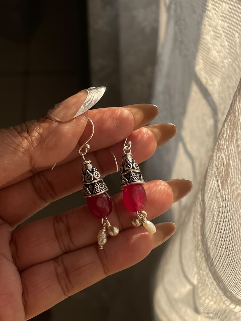 Tribal Garnet Jhumka | Dangling Ghunghroo | Freshwater Pearl ~ Handcrafted Silver 925