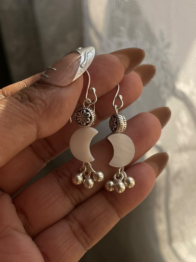 MOP Crescent Moon Flower Bead | Ghunghroo Dangling Earrings ~ Handcrafted Silver 925