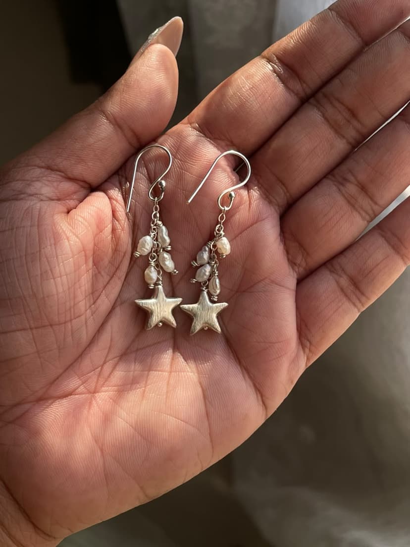 Star Dangling Pearls Earrings ~ Handcrafted Silver 925