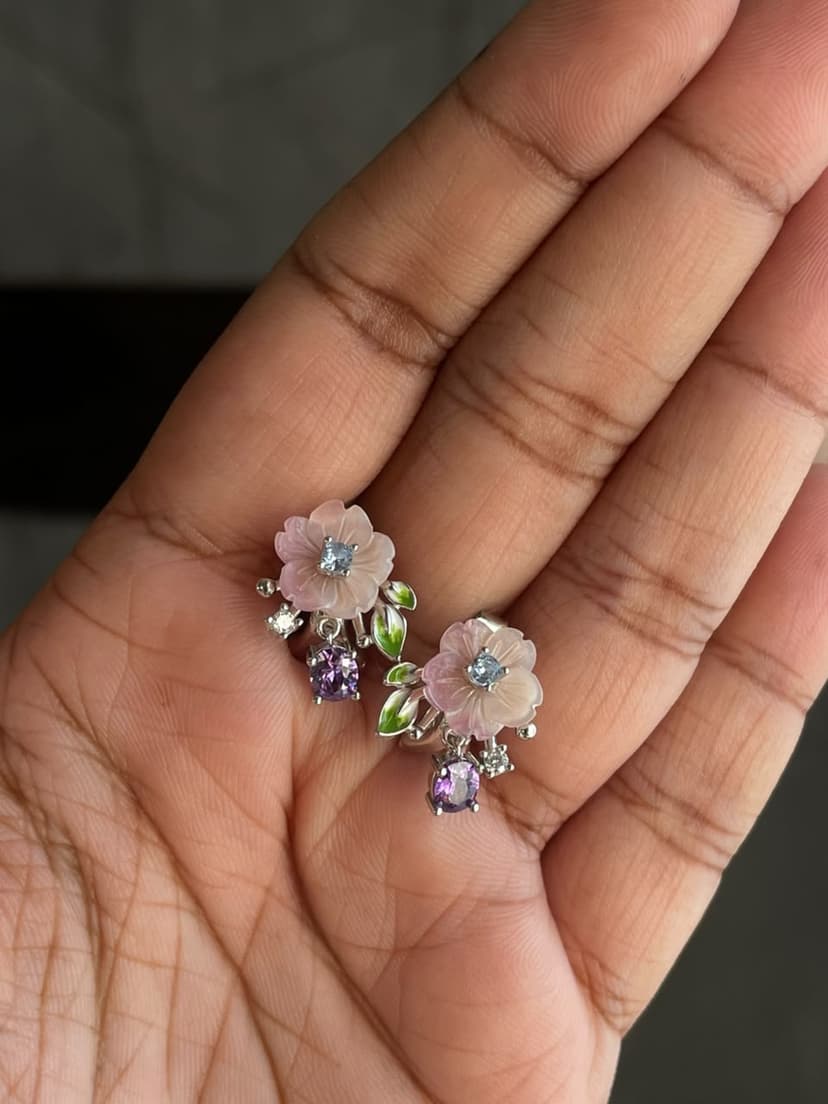 MOP Pink Flower Aquamarine Bud ~ Amethyst Drop Danglers ~ One of a Kind - Silver 925