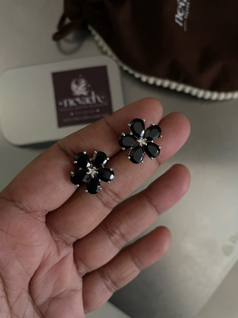 Black Onyx Cut Flower Daisy Studs ~ Silver 925