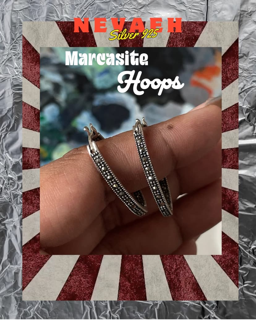 Noir Oval Marcasite Hoops ~ Silver 925